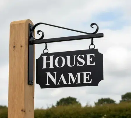 Hanging Metal House Name Sign - Blacksmith Scroll Bracket - Scallop Corners 2