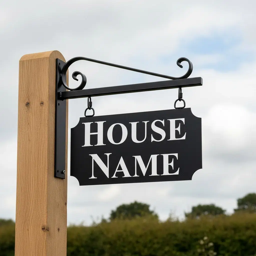 Hanging Metal House Name Sign - Blacksmith Scroll Bracket - Scallop Corners 2