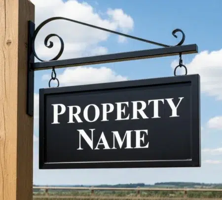 Hanging Metal House Name Sign With Blacksmith Scroll Bracket