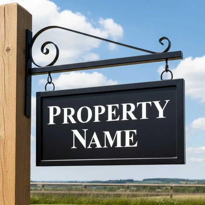 Hanging Metal House Name Sign With Blacksmith Scroll Bracket