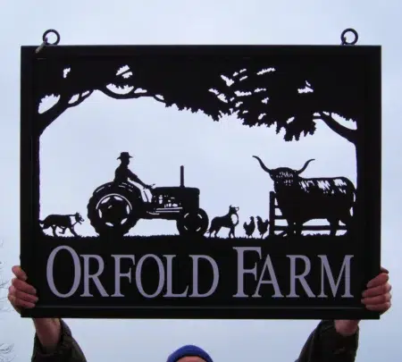 Old Tractor With Highland Cow Collie Chickens Metal Farm Sign