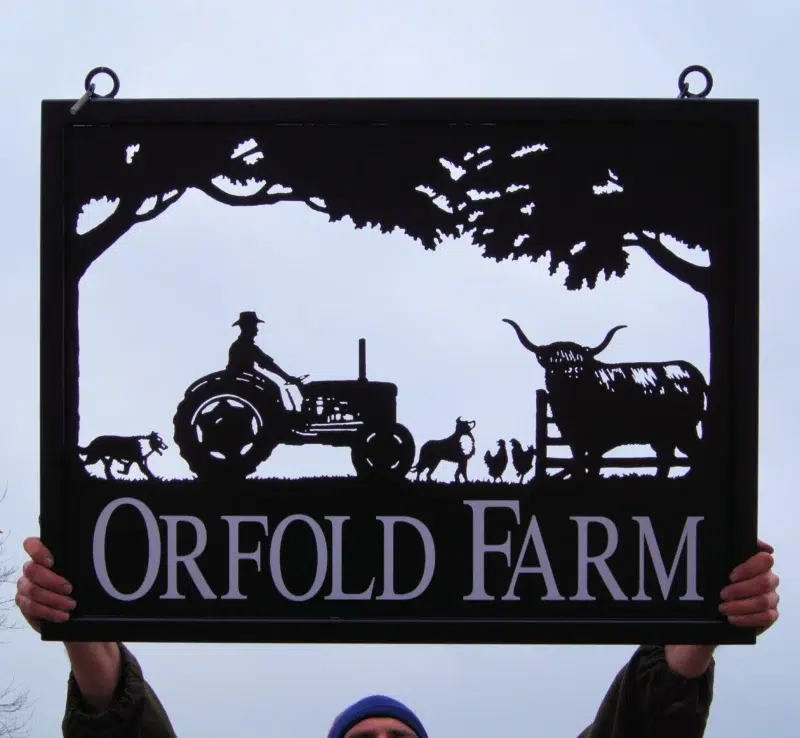 Old Tractor With Highland Cow Collie Chickens Metal Farm Sign