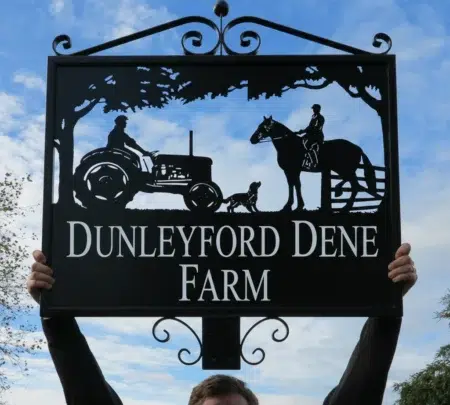 Old Tractor With Horse and Dog Framed Metal Sign Scrolls Post Top