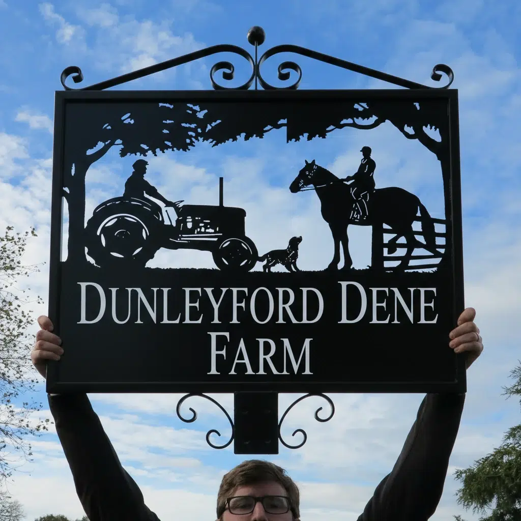 Old Tractor With Horse and Dog Framed Metal Sign Scrolls Post Top