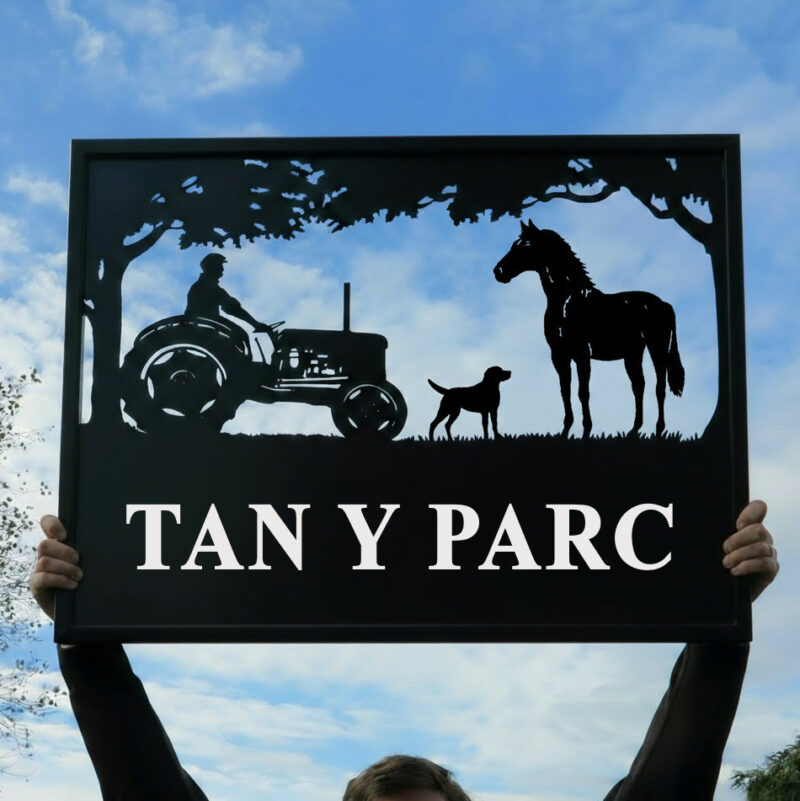 Old Tractor With Thoroughbred Horse and Lab Framed Metal Sign