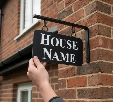 Small Hanging Metal House Name Sign - Fitted To Brick Wall - Rounded Corners