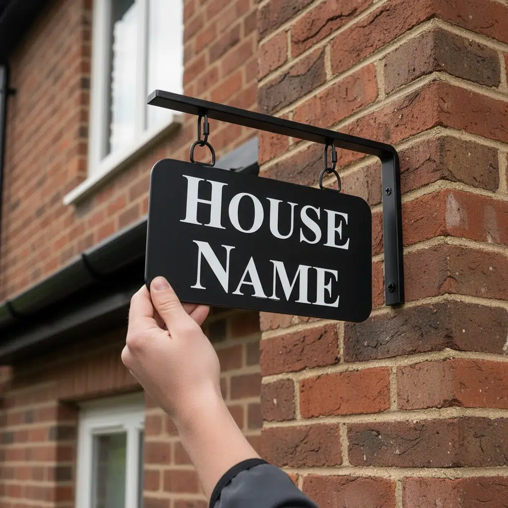 Small Hanging Metal House Name Sign - Fitted To Brick Wall - Rounded Corners