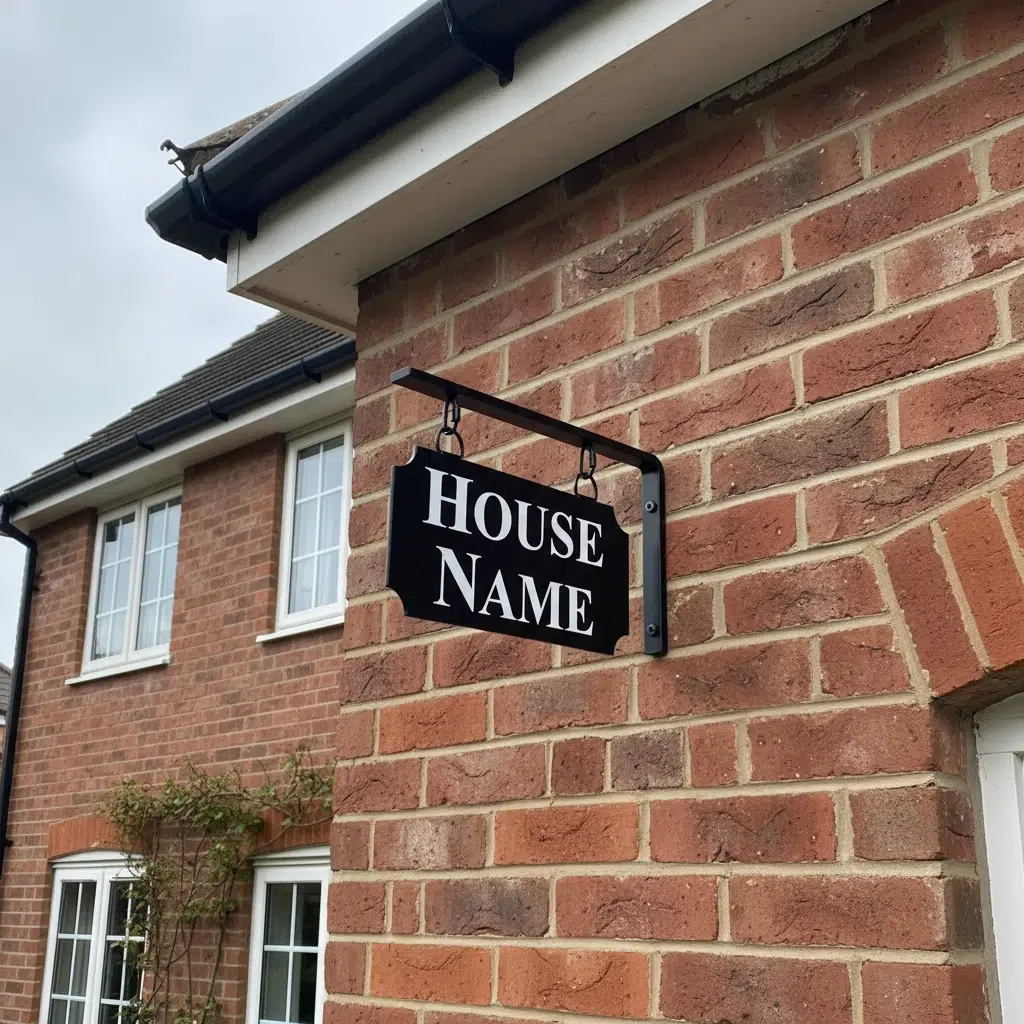 Small Hanging Metal House Name Sign - Fitted To Brick Wall - Scallop Corners