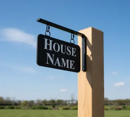 Small Hanging Metal House Name Sign - Fitted To Post - Rounded Corners