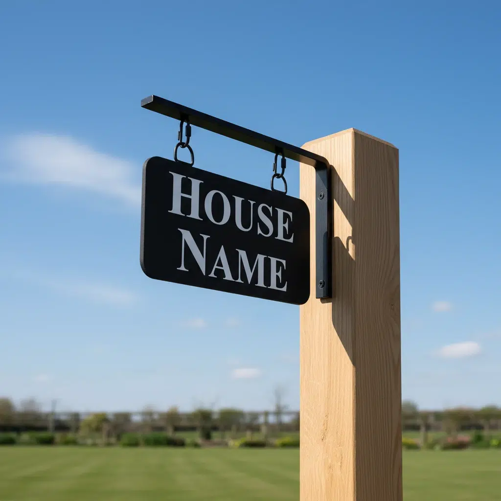 Small Hanging Metal House Name Sign - Fitted To Post - Rounded Corners