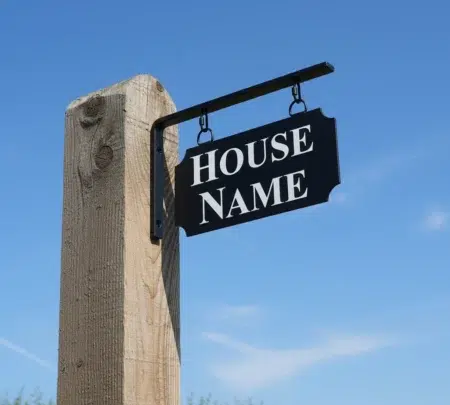 Small Hanging Metal House Name Sign - Fitted To Post - Scallop Corners