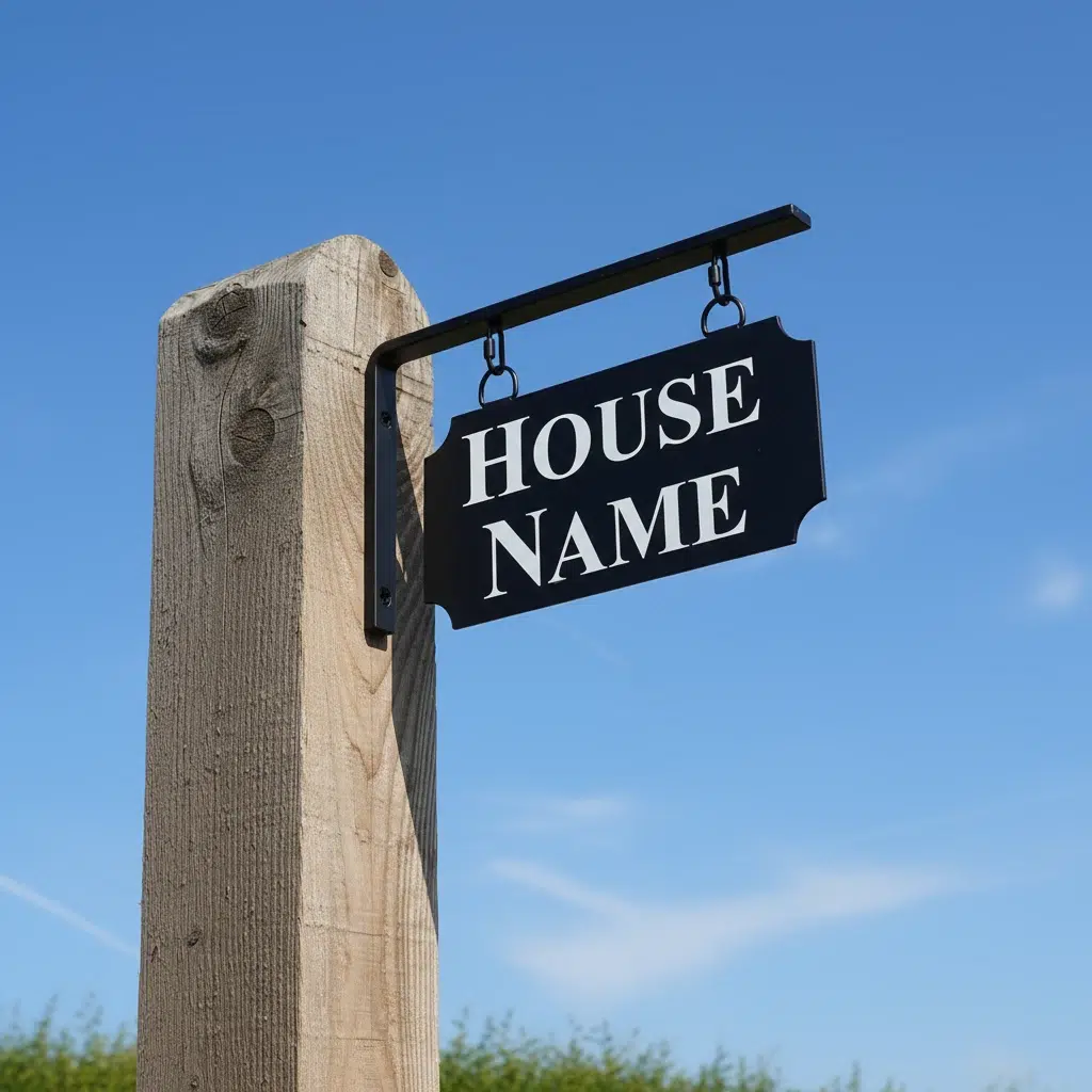 Small Hanging Metal House Name Sign - Fitted To Post - Scallop Corners