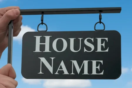 Small Hanging Metal House Name Sign - Rounded Corners Close Up
