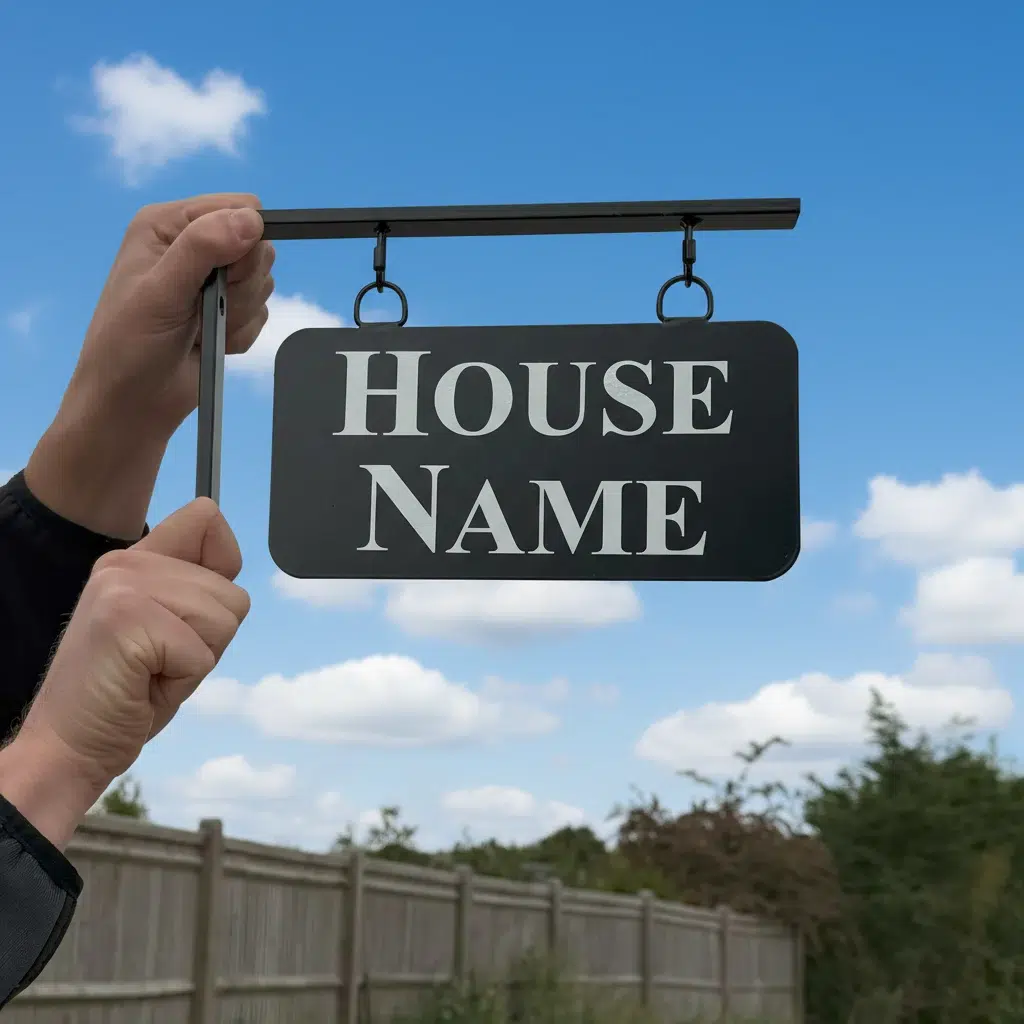 Small Hanging Metal House Name Sign - Rounded Corners Held Up Outside Workshop