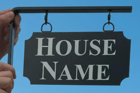 Small Hanging Metal House Name Sign - Scallop Corners Close Up