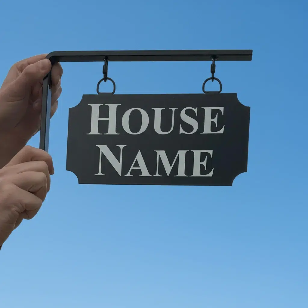 Small Hanging Metal House Name Sign - Scallop Corners Held Up Outside Workshop