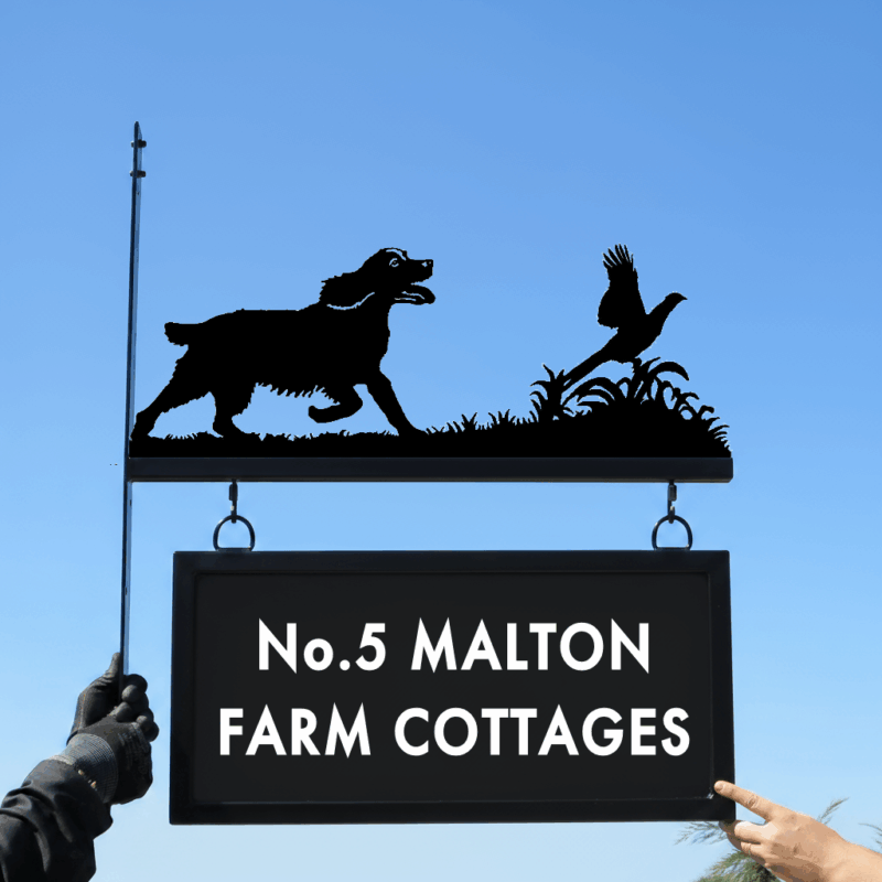 Spaniel Flushing Pheasant Hanging Bracket Metal Sign
