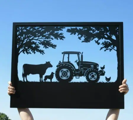 Tractor Cow Dog Chickens Framed Metal Sign