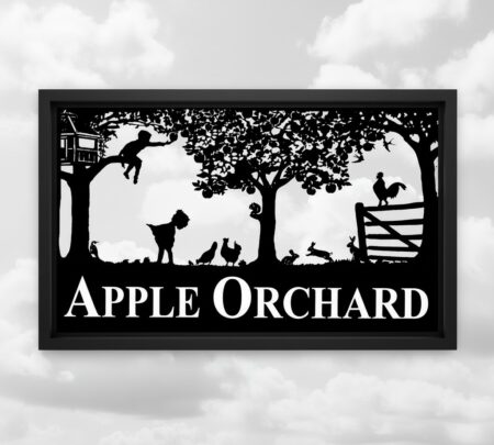 Apple Orchard Treehouse and Children Framed Metal Sign