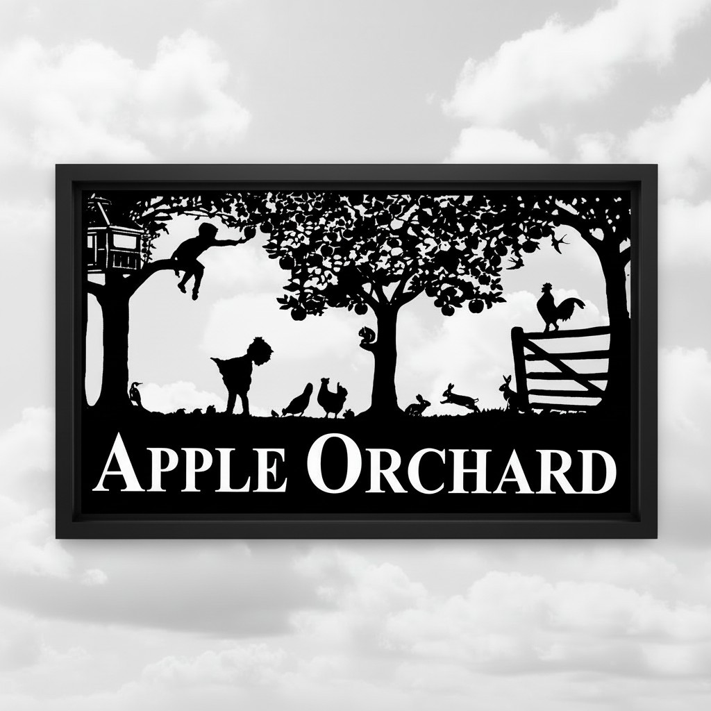 Apple Orchard Treehouse and Children Framed Metal Sign