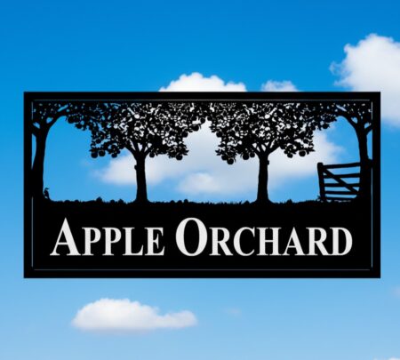 Apple Orchard and Gate with Woodpecker Framed Metal Sign