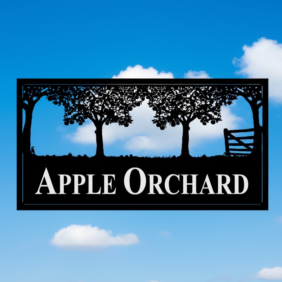 Apple Orchard and Gate with Woodpecker Framed Metal Sign