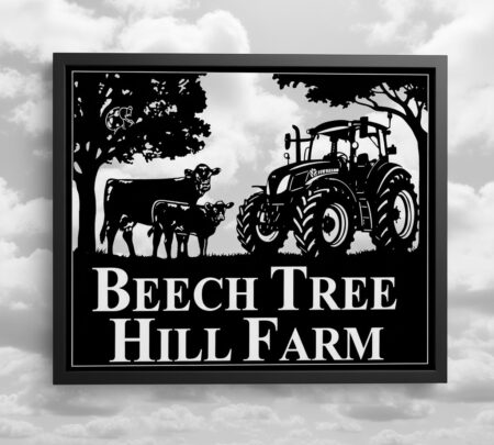 New Holland Tractor With Cow Calf and Beech Tree Framed Metal Sign
