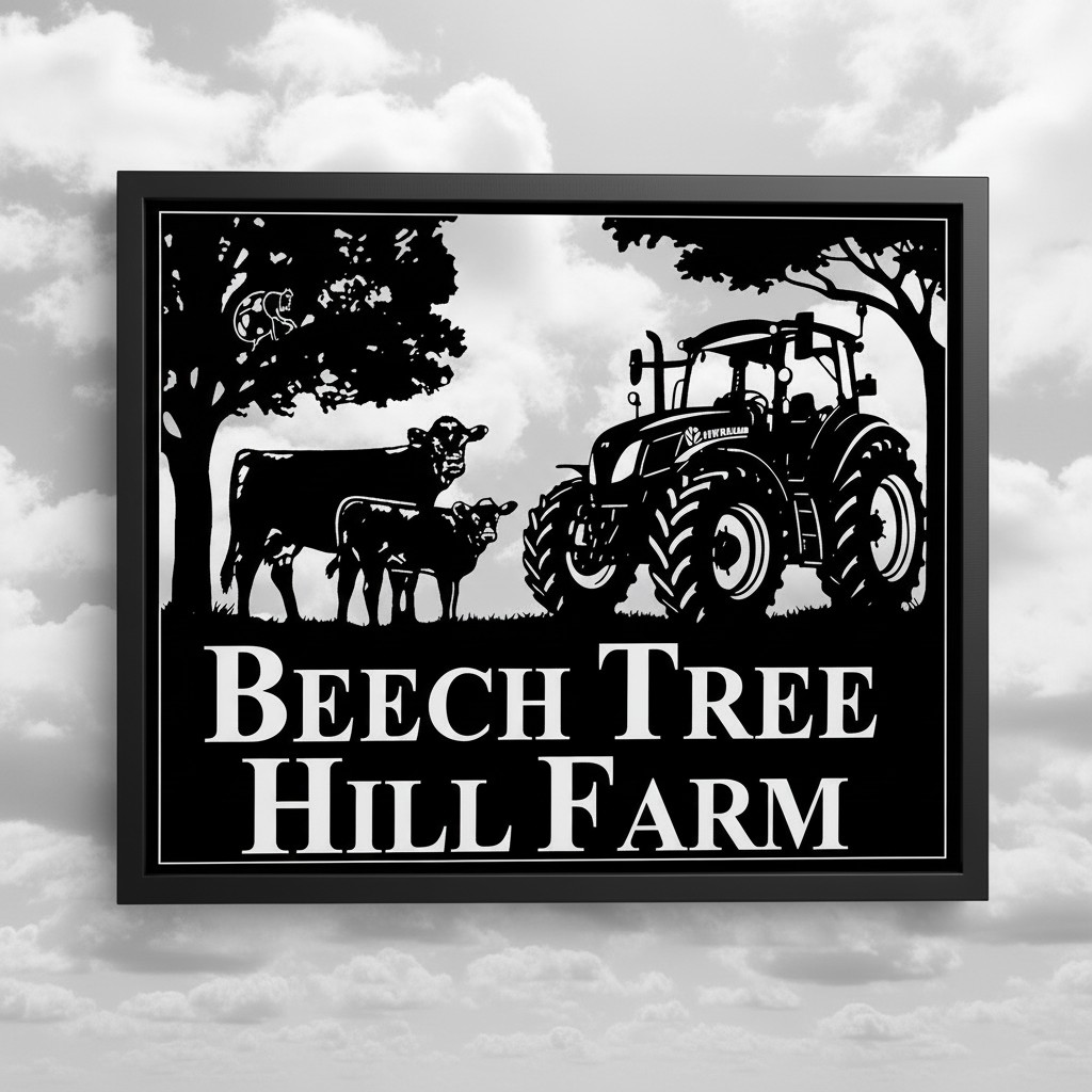 New Holland Tractor With Cow Calf and Beech Tree Framed Metal Sign