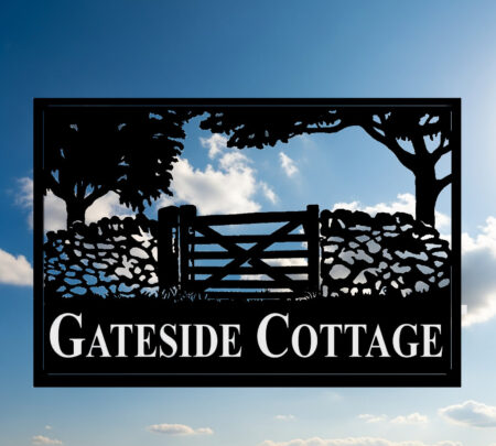 Stone Wall and Gate Framed Metal Sign